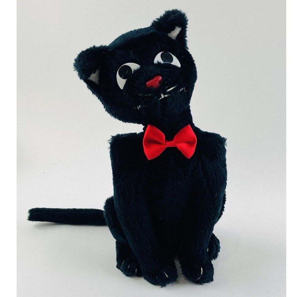 Vintge Wallace Berrie Black cat red bow tie plush toy 1984 Sitting Applause Luck
